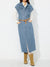 Slit Half Button Collared Neck Cap Sleeve Denim Dress