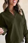 Jungle Green Zipper Collared Drop Shoulder Plain Sweatshirt