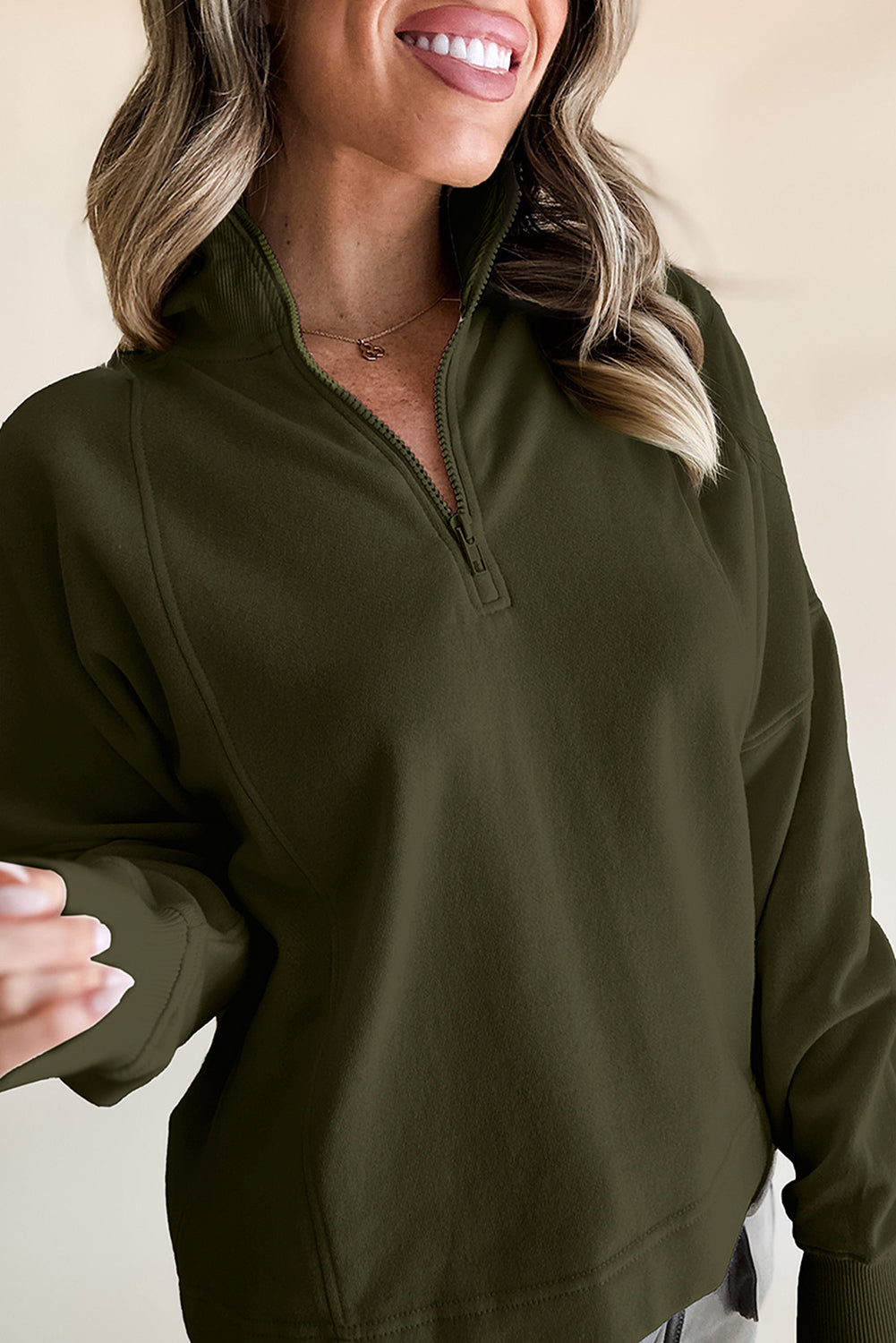 Jungle Green Zipper Collared Drop Shoulder Plain Sweatshirt