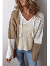 Brown Colorblock Hollow-out Tie V Neck Lightweight Sweater