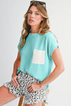 Dark Blue Corded Knit Color Block Pocketed Crew Neck T Shirt