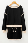 Coffee Contrast Trim Loose Pullover and Lace-up Waist Skort Set