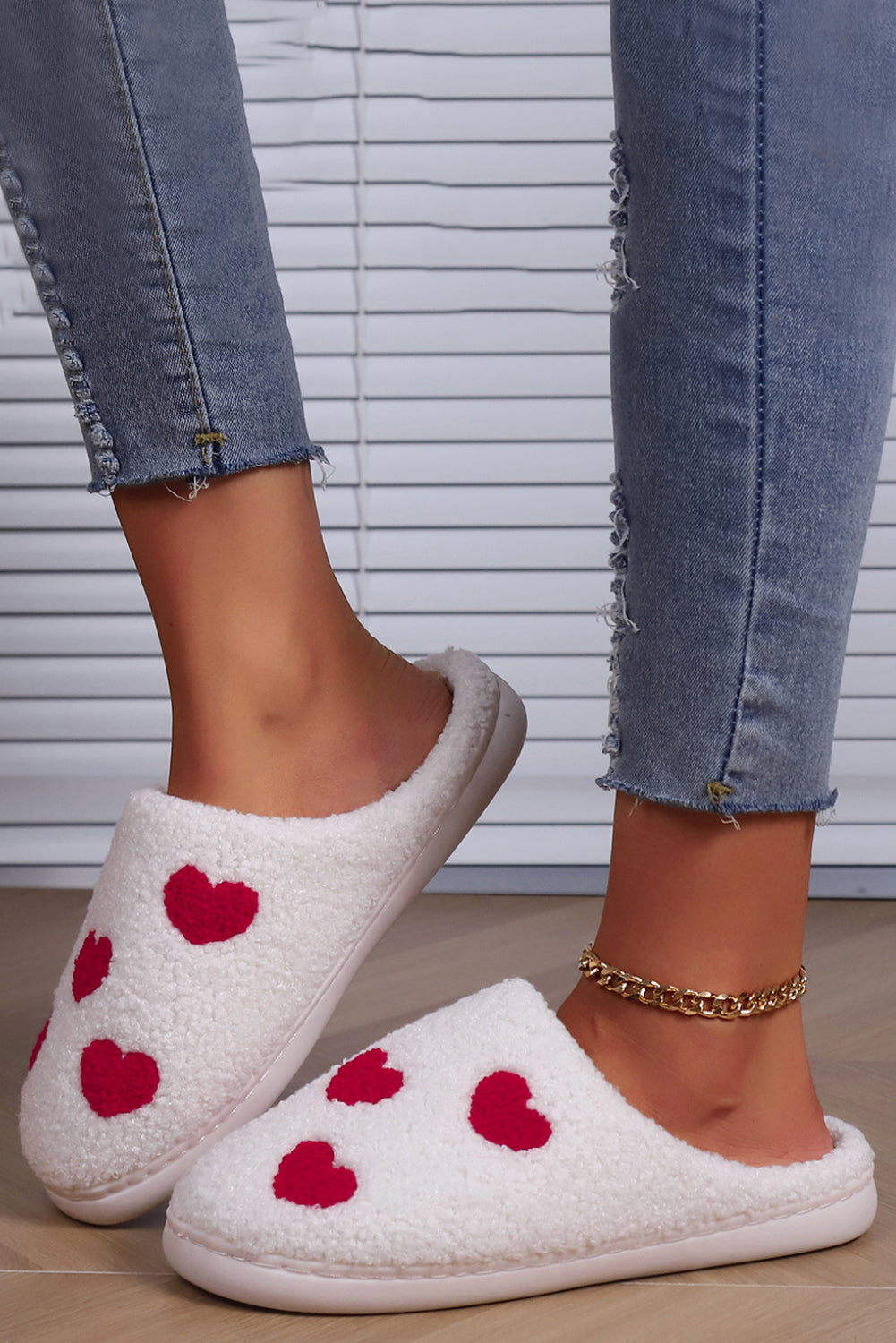 White Valentines Day Hearts Print Plush Slippers