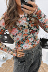 Orange Allover Floral Print Long Sleeve Round Neck Slim Mesh Top