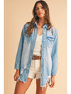 Sky Blue Light Wash Distressed Frayed Long Denim Jacket