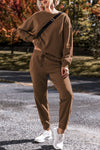 Coffee Solid Color High Low Pullover and Pants Set