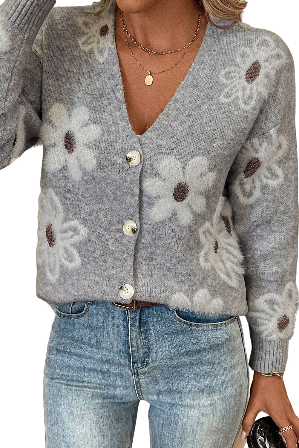 Smoke Gray Floral Print V Neck Knitted Button Up Cardigan