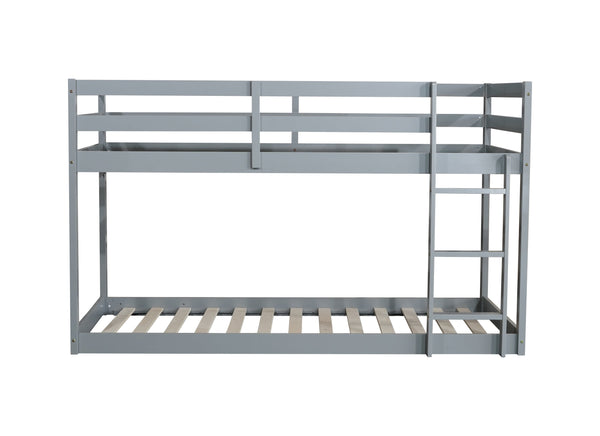 Solid Wooden , Solid Rubber Wooden Twin over Twin Floor Bunk Bed with Ladder ,Upper and Bottom Bed Platforms crafted with Strengthened Slats ,Grey