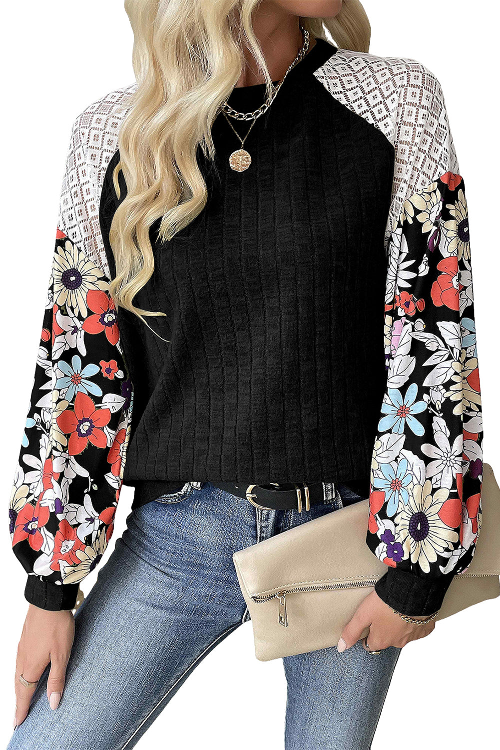 Parchment Floral Patchwork Raglan Sleeve Ribbed Blouse