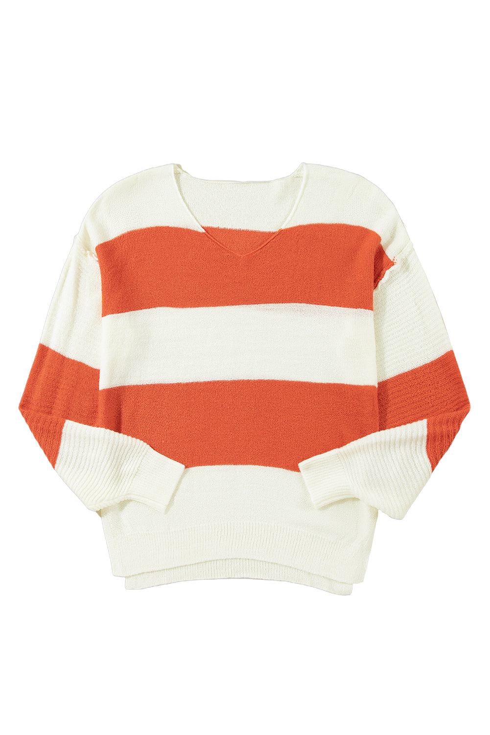 Orange Colorblock V Neck Side Slits Sweater