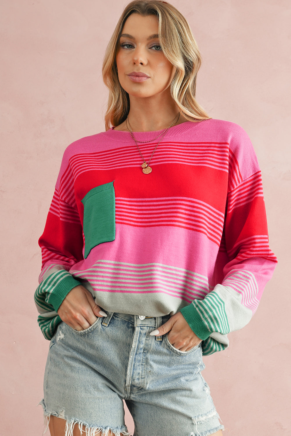 Rose Striped Patch Pocket Drop Shoulder Knit Sweater