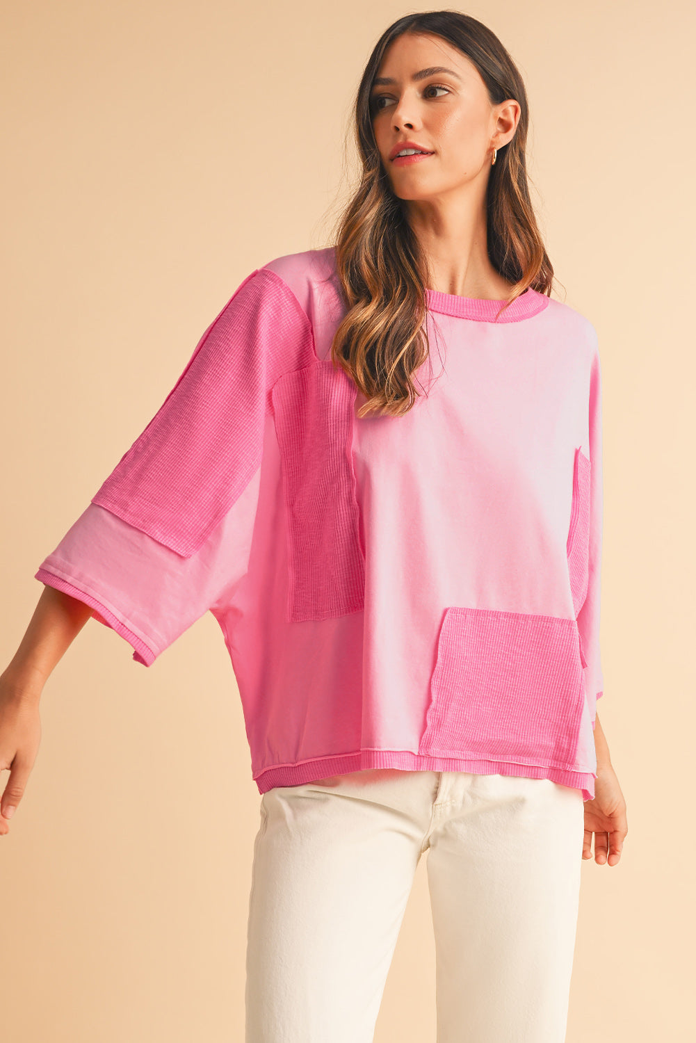 Pink Textured Patchwork 3/4 Sleeve Oversized Top