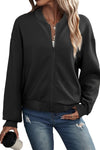 Black Plain Textured Stand Neck Zipper Bomber Jacket