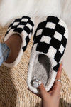 Light Blue Checkered Print Fuzzy Slip On Winter Slippers