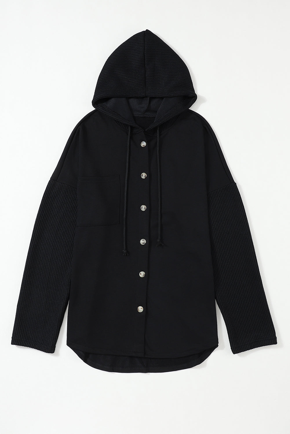 Black Button Up Knitted Sleeve Hoodie