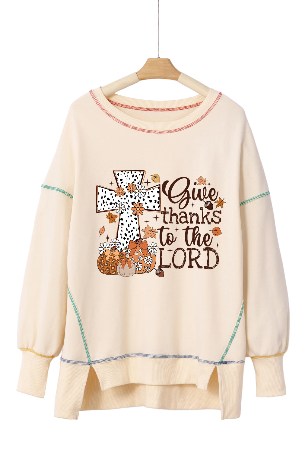 White Give Thanks to the LORD Graphic High Low Hem Loose Sweatshirt