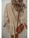 Tan Puff Sleeve Buttoned Tiered Pleated Mini Shirt Dress