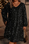 Black Plus Size Bubble Sleeve V Neck Sequin Dress