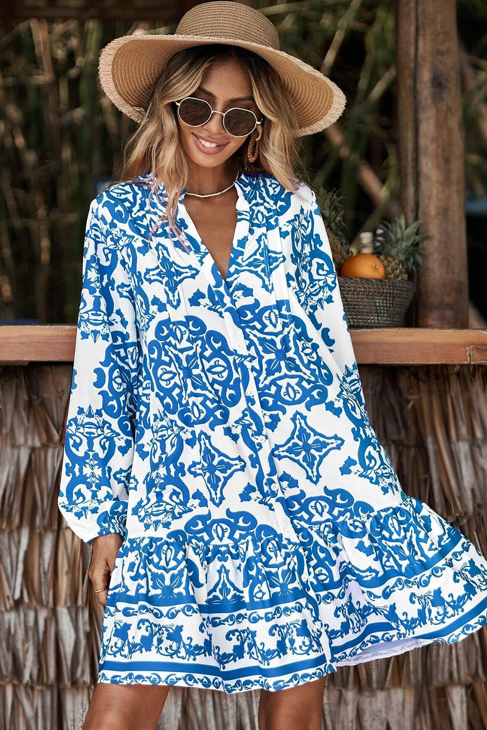 Sky Blue Ethnic Print Button Up Notch Neck Loose Mini Dress