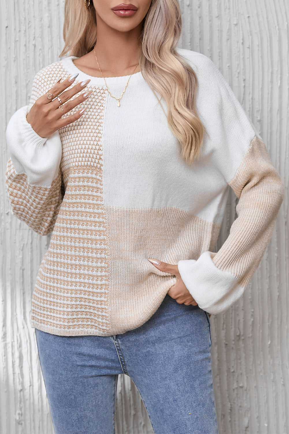 Oatmeal Mixed Pattern Knit Drop Shoulder Reversible Sweater