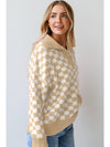 Apricot Checkered Buttons Collar V Neck Drop Shoulder Sweater