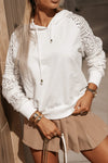 White Lace Patchwork Hollow Out Sleeve Drawstring Hoodie