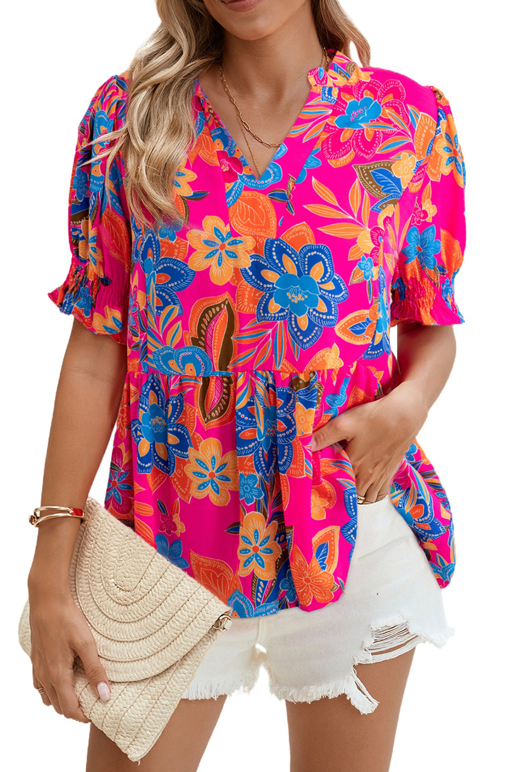 Rose Abstract Print Smocked Puff Sleeve V Neck Peplum Blouse