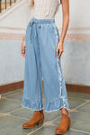 Myosotis Light Wash Raw Hem Ruffle Wide Leg Jeans