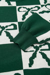 Blackish Green Bow Print Checkered Knit Sweater