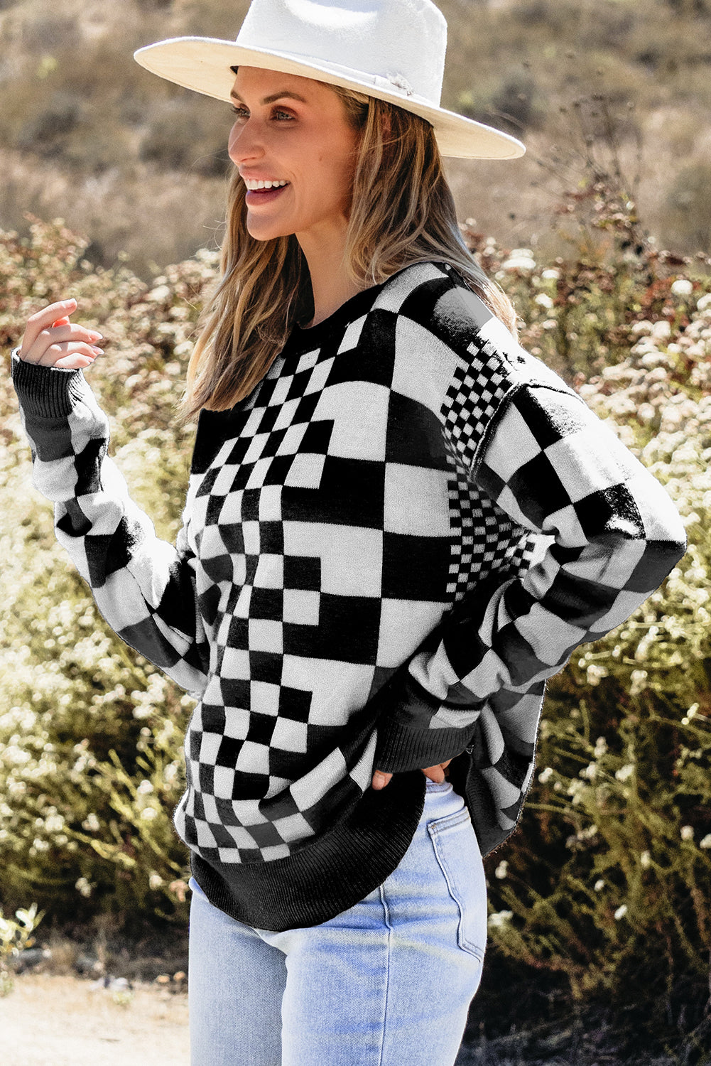 Carrot Checkered Drop Shoulder Round Neck Sweater