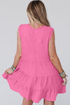 Bright Pink Waffle Sleeveless Henley A-line Tiered Mini Dress