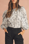 Beige Abstract Print Balloon Sleeve Crew Neck Blouse