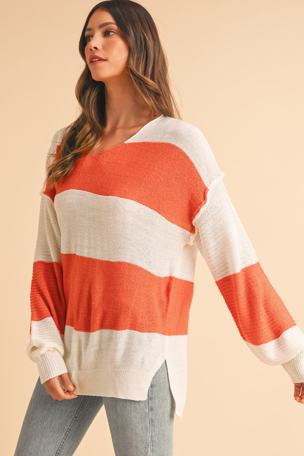 Orange Colorblock V Neck Side Slits Sweater