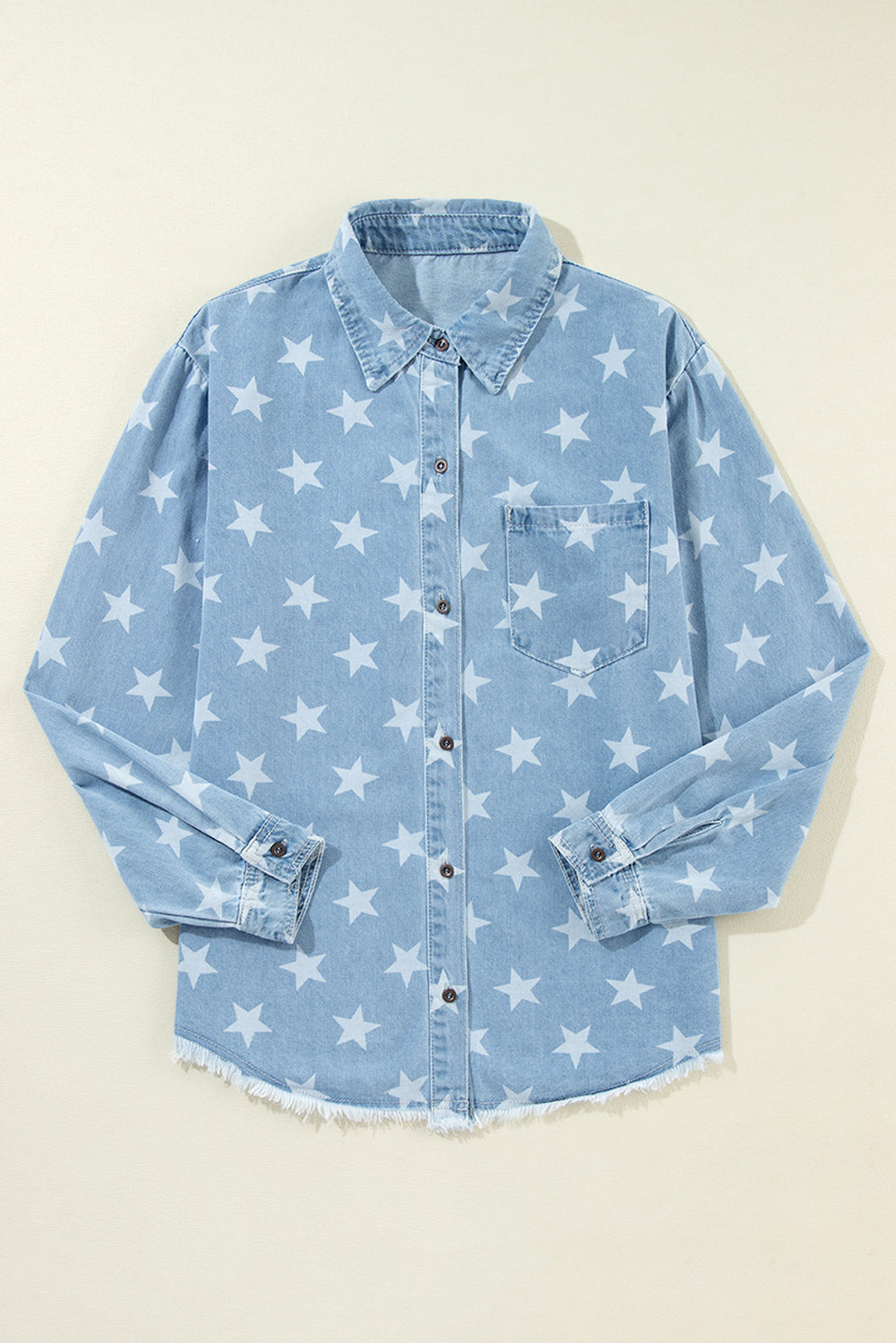 Sky Blue Star Print Raw Hem Denim Jacket