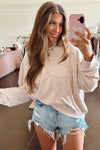 Beige Raw Edge Flower Patch Drop Shoulder Long Sleeve Top