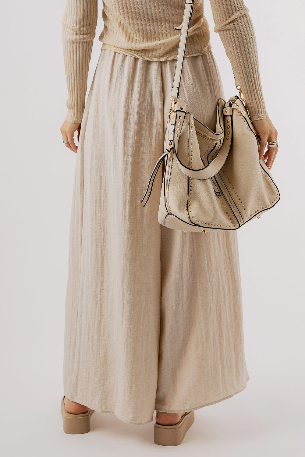 Beige Casual Lace-up Waist Pleated Wide Leg Pants