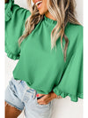 Green Frilly Round Neck Wide Half Sleeve Blouse