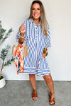 Blue Striped Collared Half Button Side Pockets Loose Fit Mini Dress