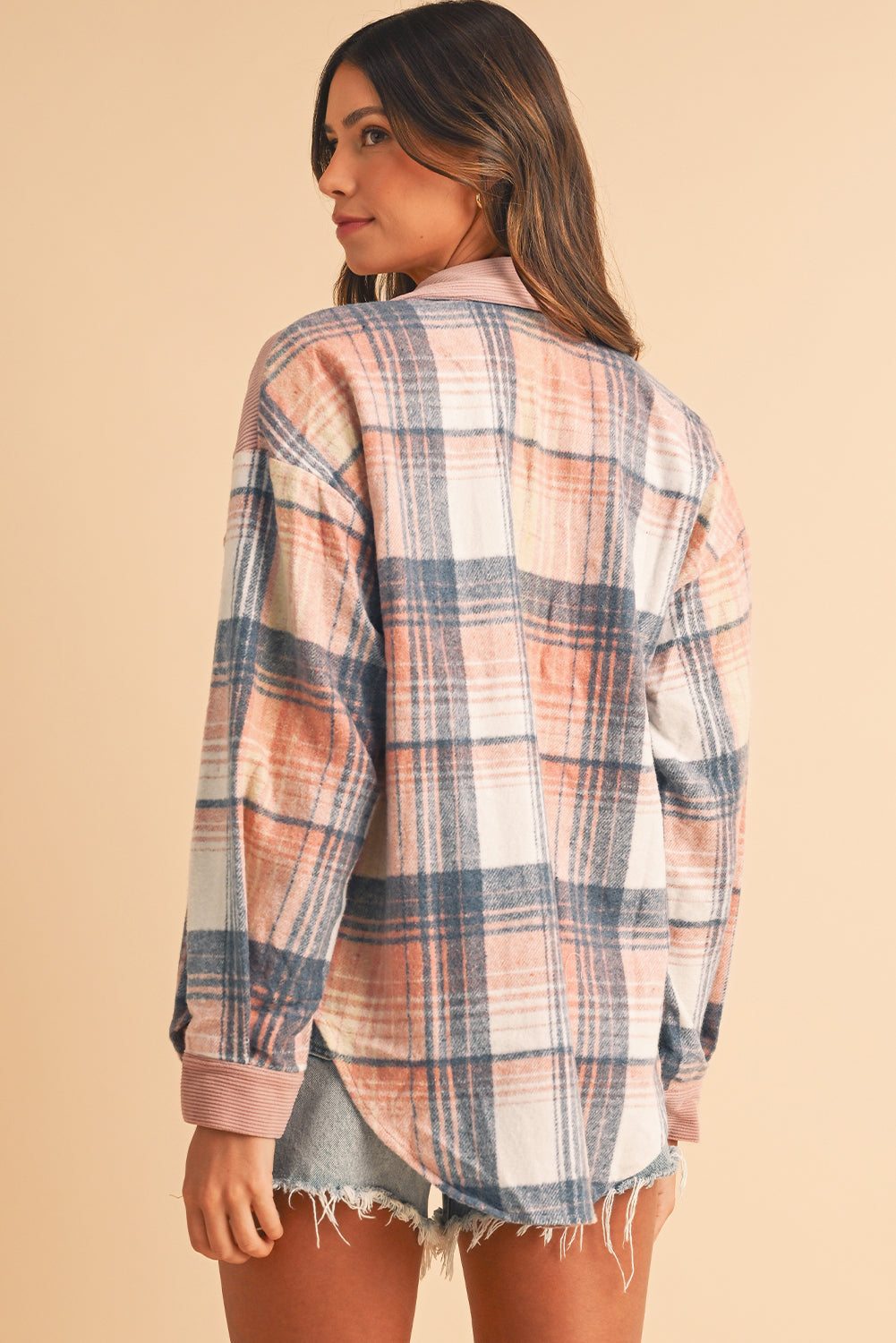 Light Pink Plaid Corduroy Patchwork Pocket Loose Shacket