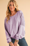 Parchment Crochet Patchwork Exposed Seam Ribbed Trim Sweatshirt