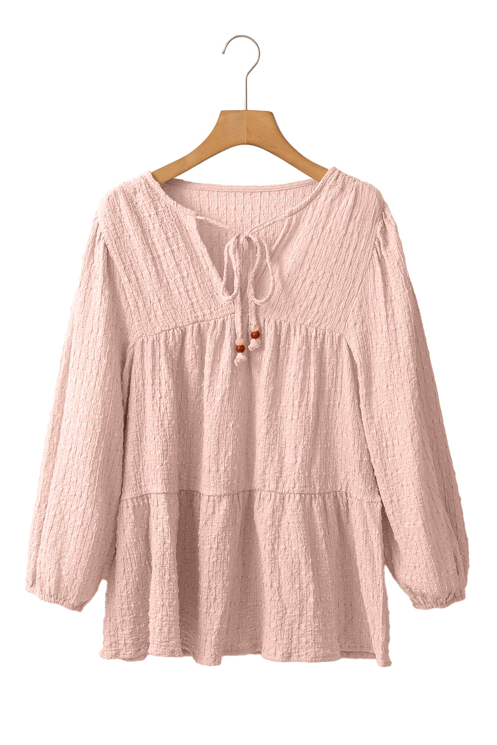 Light Pink Textured Lace Up V Neck Tiered Flowy Blouse