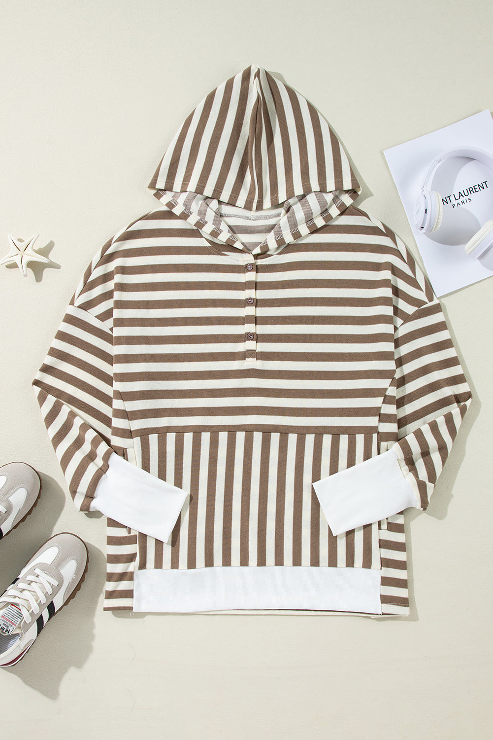 Brown Stripe Drop Sleeve Plus Size Henley Hoodie