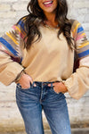 Light French Beige Geometric Patchwork Raglan Sleeve Pullover Sweatshirt