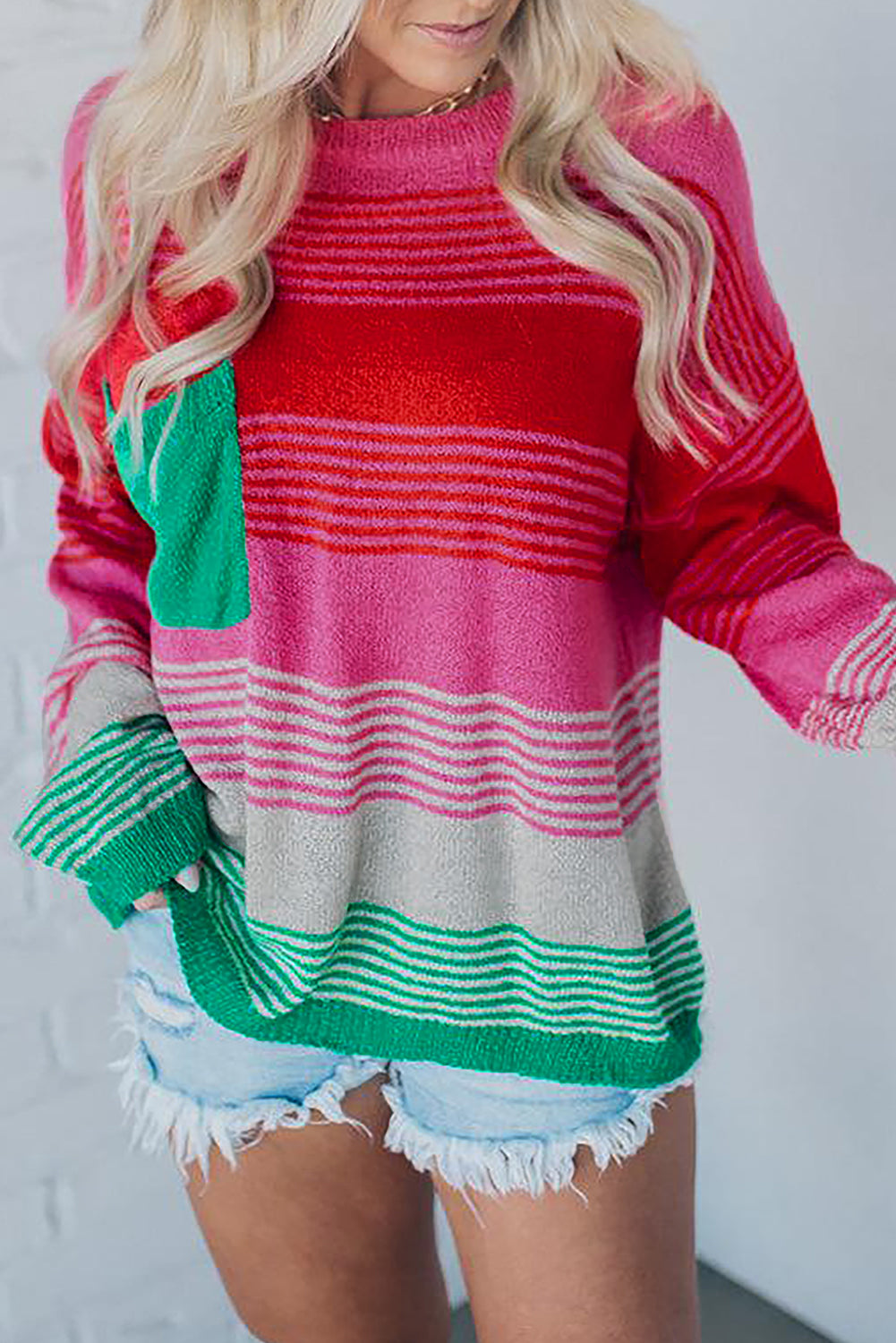 Rose Striped Patch Pocket Drop Shoulder Knit Sweater