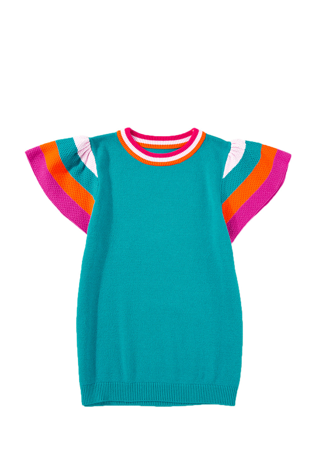 Bright Pink Contrast Sleeve Striped Round Neck Knitted Tee