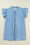 Dusk Blue Ruffled Sleeve Button Up Frayed Plus Size Denim Top