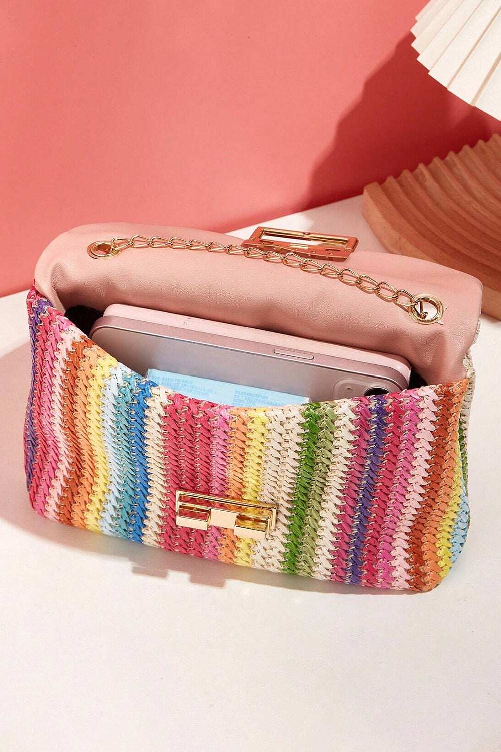 Multicolour Striped Crochet Flapped Single Shoulder Bag