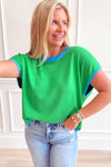Rose Red Contrast Trim Round Neck Short Sleeve Loose Knit Top