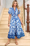 White Floral Ruffle Hem Pop of Color Neckline Dress