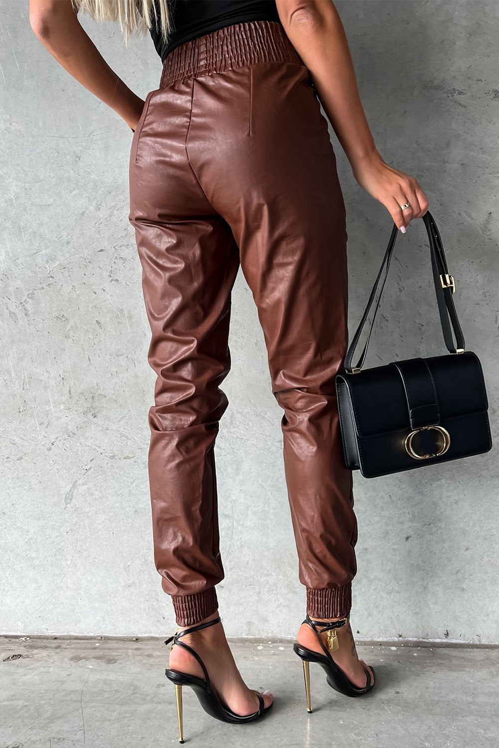 Brown Smocked High Waist Leather Skinny Pants